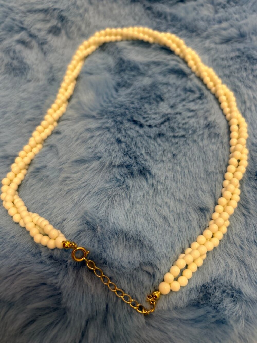 Cream Fake Bead Necklace Multi Strand Gold Tone Clasp